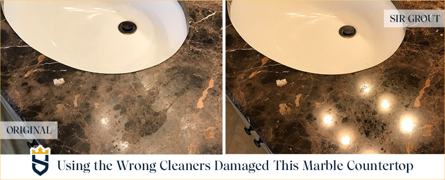 Incorrect Cleaners Dulled This Bathroom Marble Countertop and It's Restored Like New After Sir Grout's Services