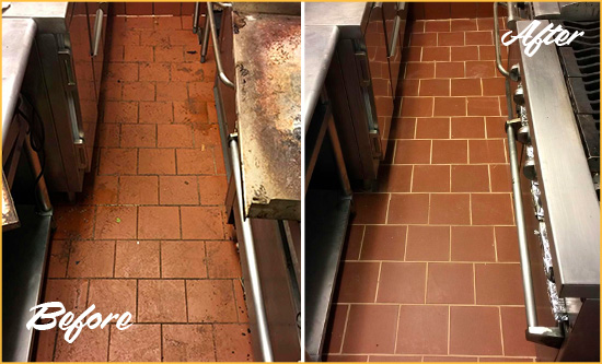 Before and After Picture of a Golden Restaurant Kitchen Tile and Grout Cleaned to Eliminate Dirt and Grease Build-Up
