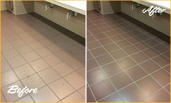 Before and After Picture of a Morrison Restrooms Tile and Grout Cleaned to Remove Embedded Dirt