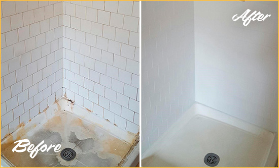 Before and After Picture of a Lakewood Shower Tile and Grout Cleaned to Remove Soap Scum