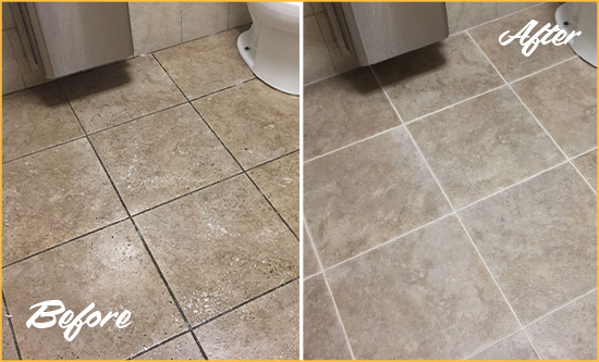 Before and After Picture of a Golden Restroom Tile and Grout Cleaned to Remove Soil