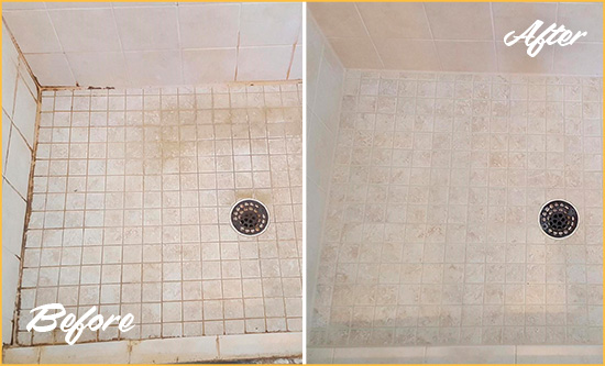 Before and After Picture of a Denver Shower Caulked to Fix Cracks