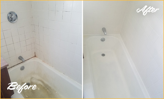 Before and After Picture of a Lakewood Bathtub Caulked to Repair Cracks