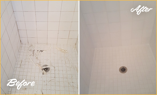 Before and After Picture of a Morrison Bathroom Re-Caulked To Repair Damaged Caulking