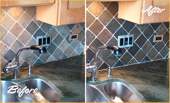 Before and After Picture of a Evergreen Backsplash Caulked to Fix and Prevent Water Leaks