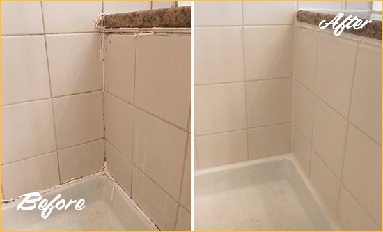 Before and After Picture of a Denver Shower Caulked to Repair Damaged Caulking