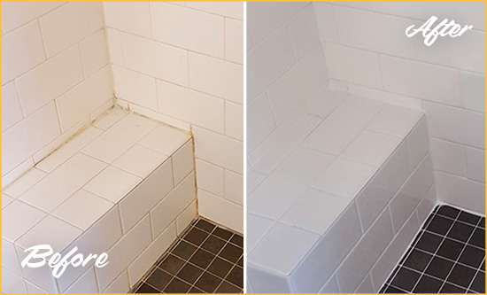 Before and After Picture of a Westminster Shower Seat Caulked to Protect Against Mold and Mildew Growth