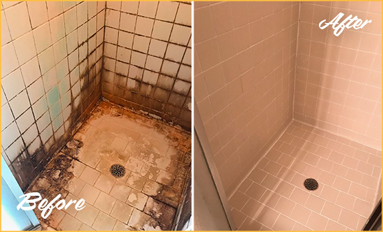 Before and After Picture of a Denver Shower Caulked to Fix and Prevent Water Damage