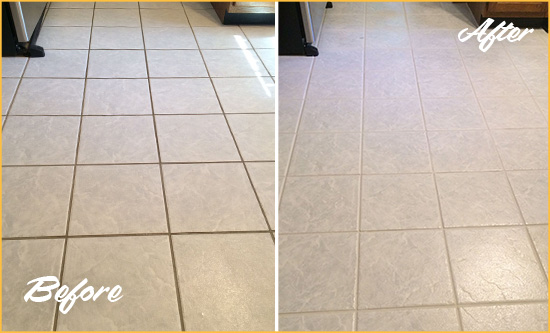 Before and After Picture of a Golden Kitchen Ceramic Floor Sealed to Protect From Dirt and Spills