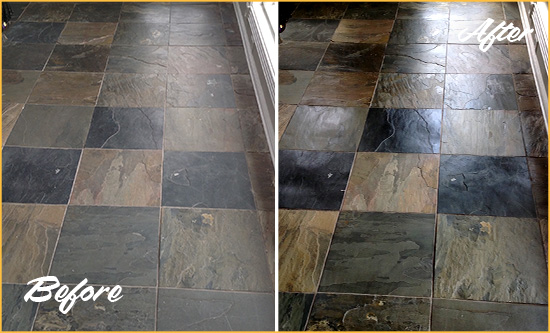 Before and After Picture of a Dull Morrison Slate Floor Sealed to Bring Back Its Colors