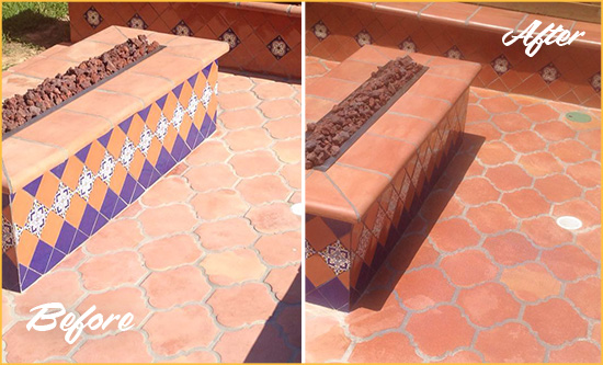 Before and After Picture of a Dull Lakewood Terracotta Patio Floor Sealed For UV Protection