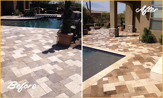 Before and After Picture of a Faded Golden Travertine Pool Deck Sealed For Extra Protection