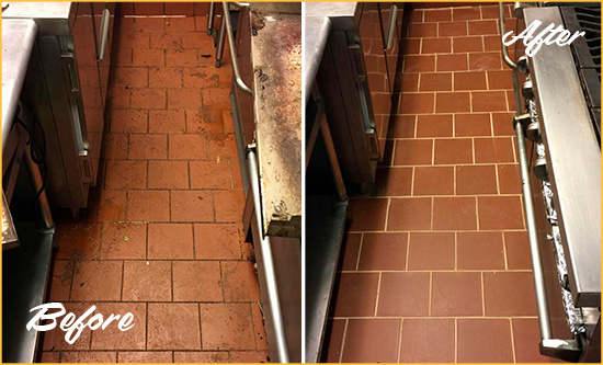 Before and After Picture of a Evergreen Restaurant Kitchen Floor Sealed to Remove Soil