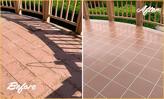 Before and After Picture of a Golden Hard Surface Restoration Service on a Tiled Deck