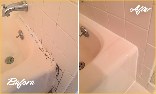Before and After Picture of a Morrison Hard Surface Restoration Service on a Tile Shower to Repair Damaged Caulking