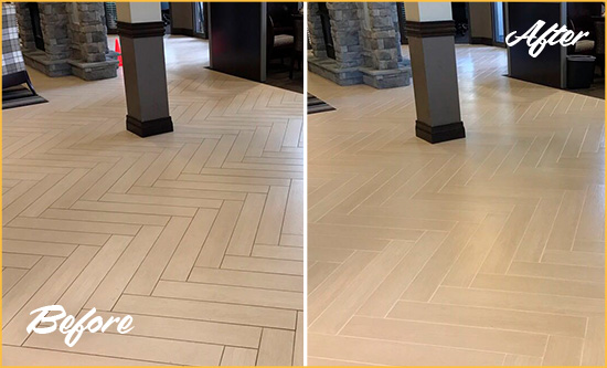 Before and After Picture of a Golden Hard Surface Restoration Service on an Office Lobby Tile Floor to Remove Embedded Dirt