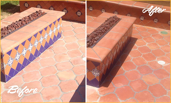 Before and After Picture of a Golden Hard Surface Restoration Service on a Dull Terracotta Patio Floor to Recover Its Color
