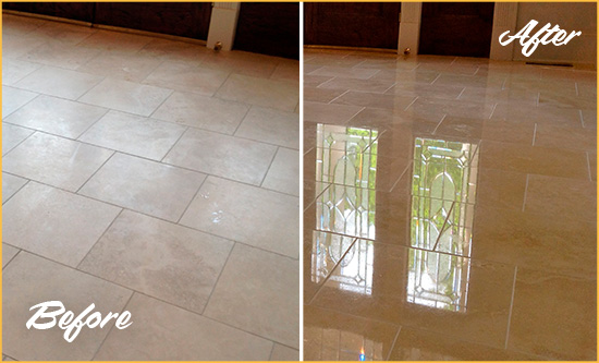 Before and After Picture of a Golden Hard Surface Restoration Service on a Dull Travertine Floor Polished to Recover Its Splendor