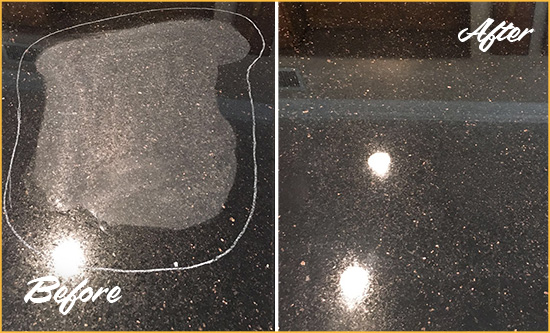 Before and After Picture of a Morrison Hard Surface Restoration Service on a Granite Countertop to Remove Scratches