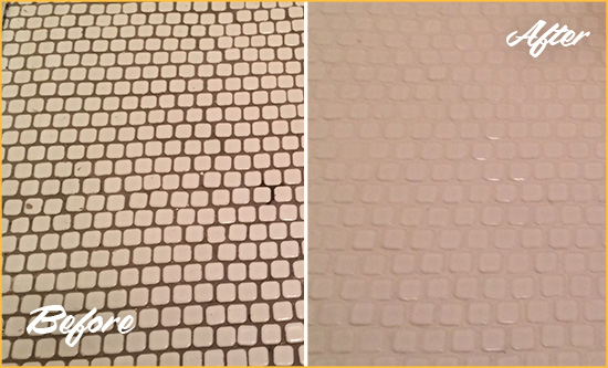 Before and After Picture of a Broomfield Hard Surface Restoration Service on a Bathroom Tile Floor Recolored to Fix Grout Color