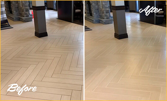 Before and After Picture of a Golden Lobby Floor Cleaned to Even the Grout Color