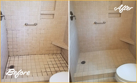 Before and After Picture of a Broomfield Shower Grout Cleaned to Remove Mold