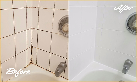 Before and After Picture of a Denver Tub Grout Cleaned to Eliminate Mold