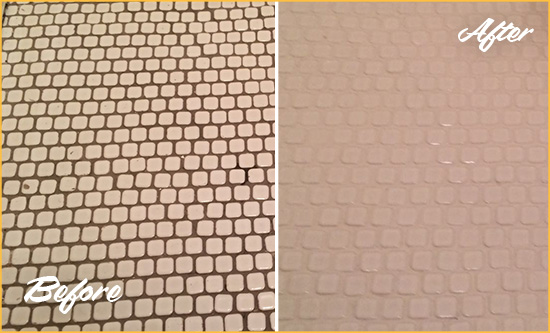 Before and After Picture of a Broomfield Mosaic Tile floor Grout Cleaned to Remove Dirt