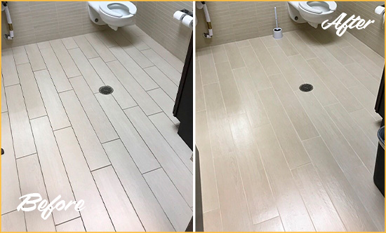 Before and After Picture of a Arvada Office Restroom's Grout Cleaned to Remove Dirt