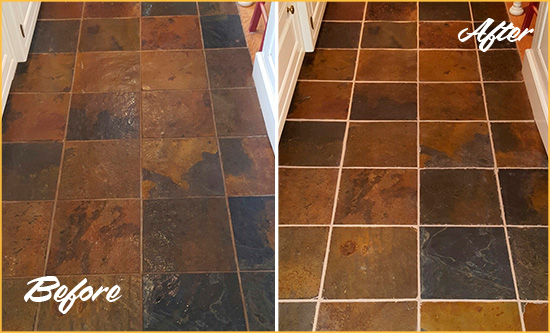 Before and After Picture of Golden Slate Floor Grout Cleaned to Remove Dirt