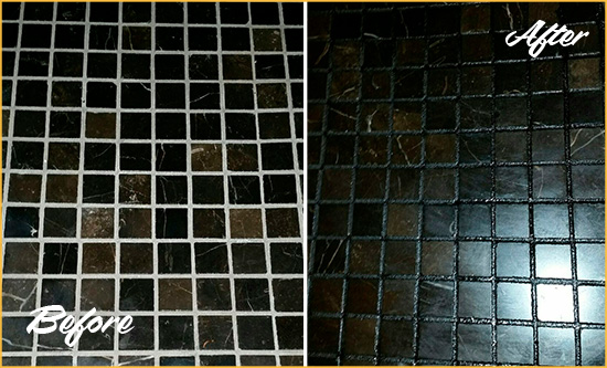 Before and After Picture of a Arvada Black Floor with Recolored Grout