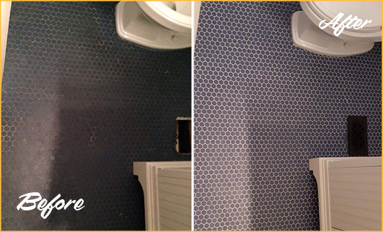 Before and After Picture of a Wheat Ridge Blue Tile Floor Recolored Grout