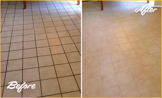 Before and After Picture of a Arvada Kitchen Tile Floor with Recolored Grout