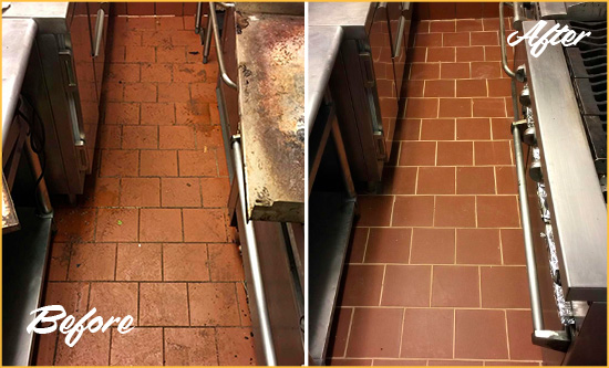 Before and After Picture of Golden Restaurant's Querry Tile Floor Recolored Grout