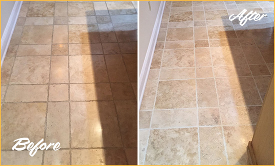 Before and After Picture of a Golden Travertine Kitchen Floor Recolored Grout