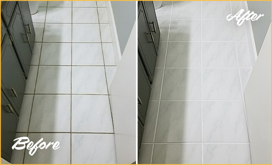 Before and After Picture of a Westminster White Ceramic Tile with Recolored Grout