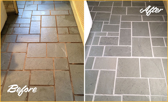 Before and After Picture of Damaged Westminster Slate Floor with Sealed Grout