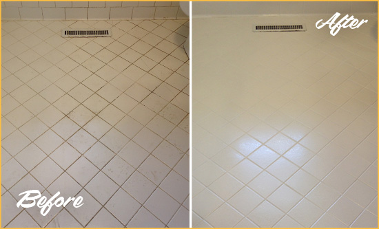 Before and After Picture of a Golden White Bathroom Floor Grout Sealed for Extra Protection