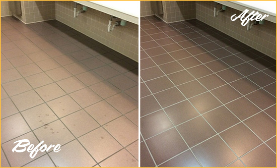 Before and After Picture of Dirty Wheat Ridge Office Restroom with Sealed Grout