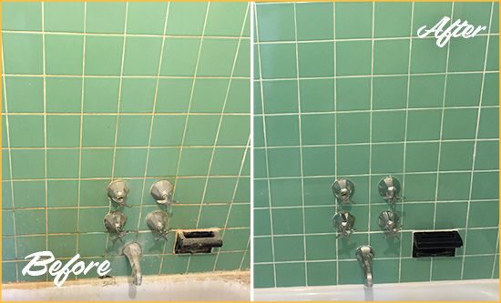 Before and After Picture of a Denver Bath Tub Grout Sealed to Avoid Water Damage