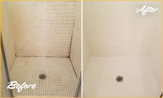 Before and After Picture of a Evergreen Bathroom Grout Sealed to Remove Mold