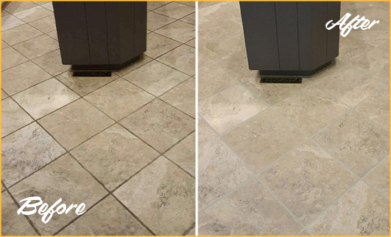 Before and After Picture of a Golden Kitchen Floor Grout Sealed to Remove Stains