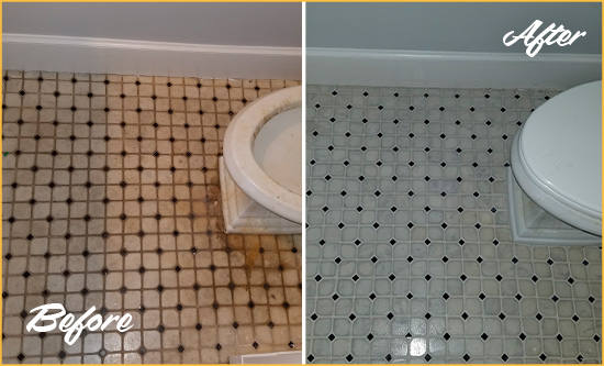 Before and After Picture of a Evergreen Bathroom Floor Cleaned to Remove Embedded Dirt