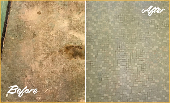 Before and After Picture of a Denver Mosaic Shower Cleaned to Eliminate Embedded Dirt