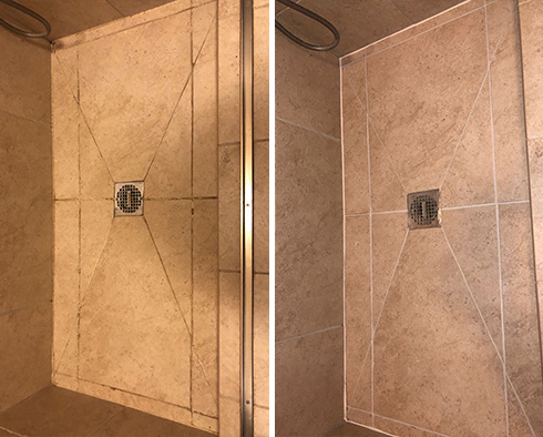 Shower Floor Before and After a Service from Our Tile and Grout Cleaners in Wheat Ridge