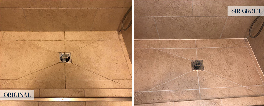 Shower Floor Before and After a Service from Our Tile and Grout Cleaners in Wheat Ridge