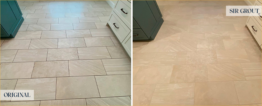 Tile Floor Before and After a Grout Cleaning in Arvada